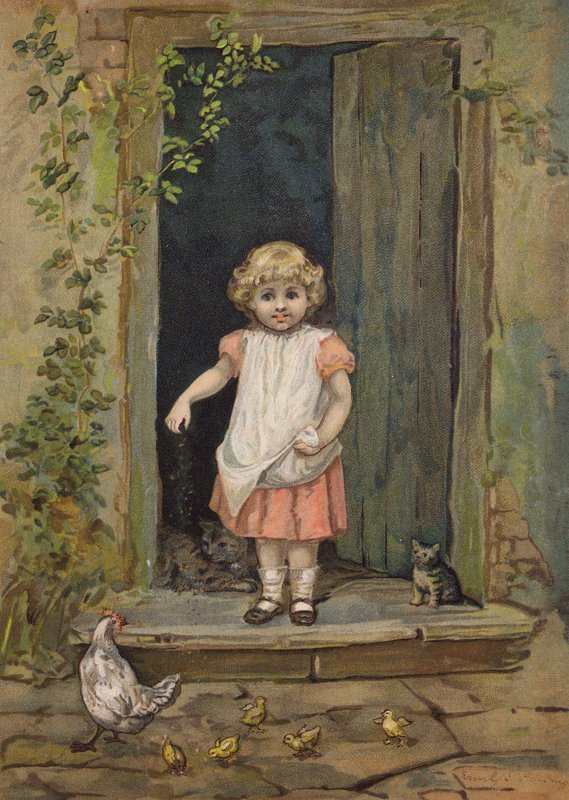 Dívka krmící slepice ze zápraží svého domu (chromolit) od Emily Jane Harding Andrews