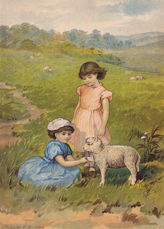 Dvě dívky hladící jehně (chromolit) od Emily Jane Harding Andrews