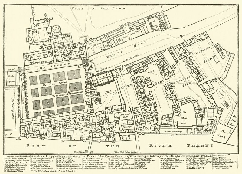 Zmenšená kopie Fishersova půdorysu královského paláce ve Whitehallu, pořízeného za vlády Karla 2., 1680 od English School