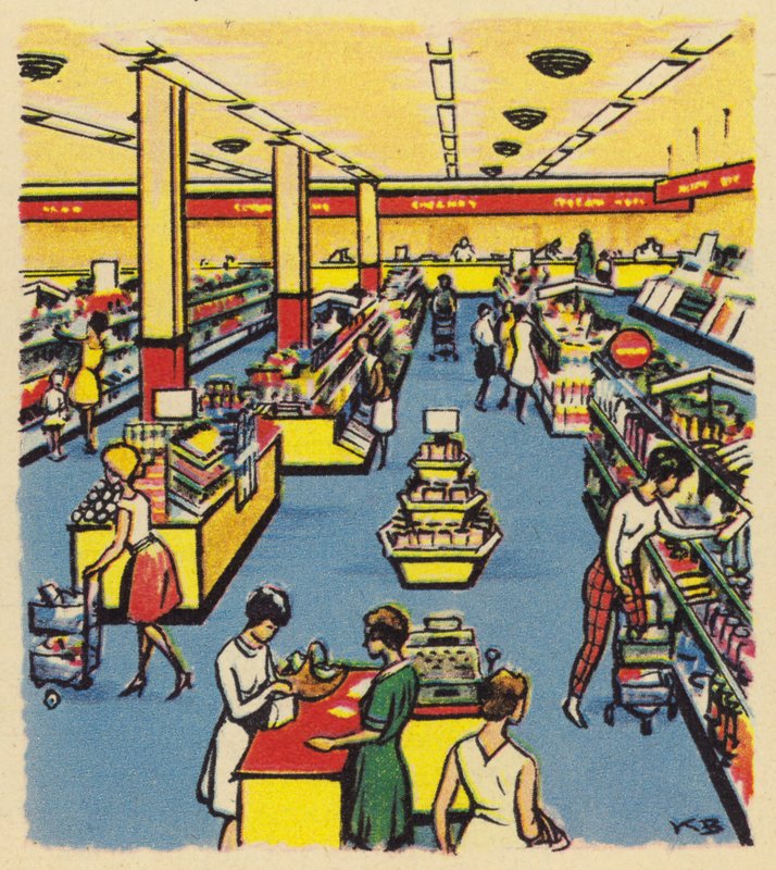 Raný samoobslužný obchod nebo supermarket v Británii, c 1950 od English School