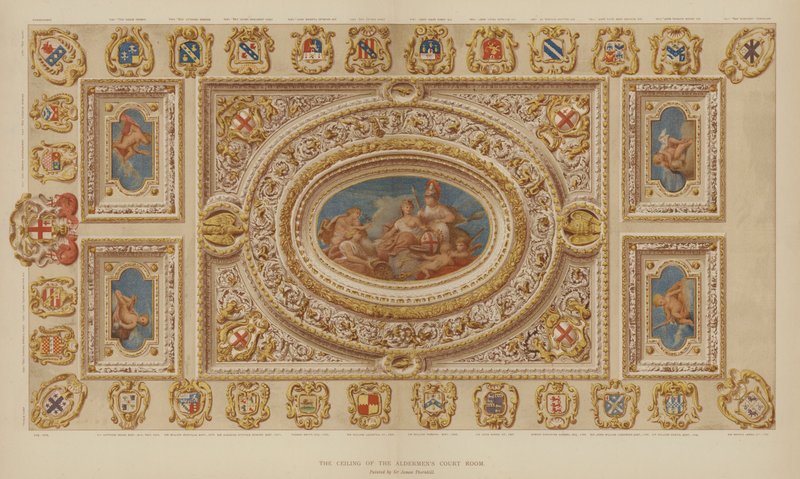 Strop soudní síně Aldermens, Guildhall, City of London, maloval Sir James Thornhill od English School
