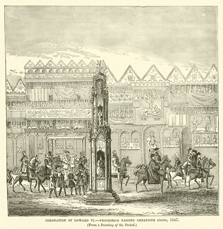 Korunovace Edwarda VI., Procesí kolem Cheapside Cross, 1547 od English School