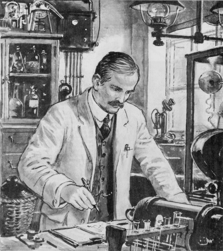 Ernest Rutherford, při práci ve své laboratoři v Cambridge od English School
