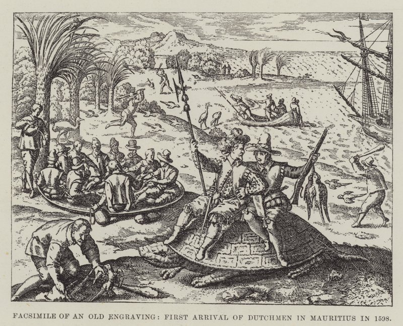 Faksimile staré rytiny, první příchod Holanďanů na Mauricius v roce 1598 od English School