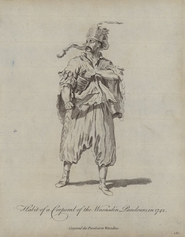 Zvyk desátníka z Warasdin Pandours v roce 1742 od English School