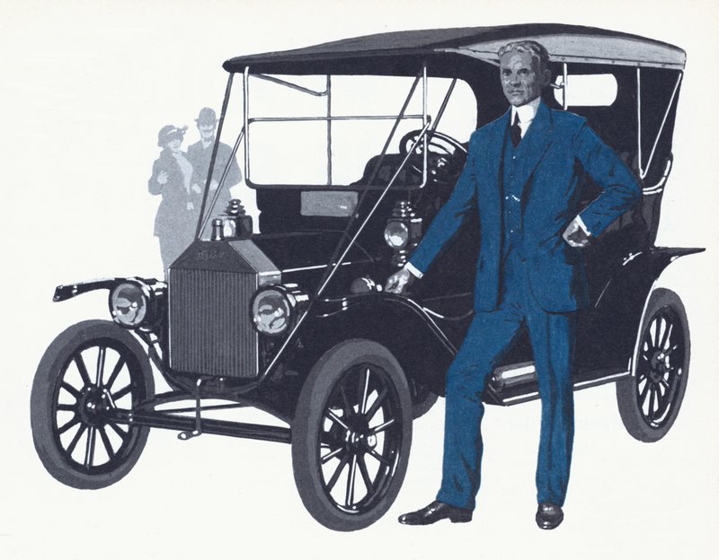 Henry Ford se slavným Modelem T, který udělal Fordovi jméno a bohatství od English School