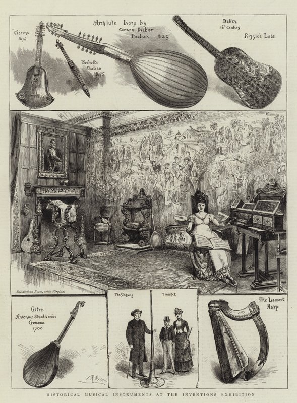 Historické hudební nástroje na výstavě vynálezů od English School