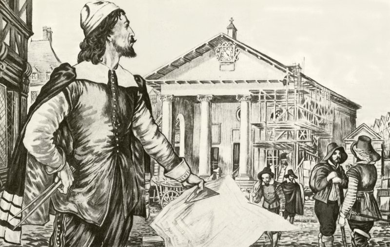 Inigo Jones navrhující kostel svatého Pavla, Covent Garden od English School