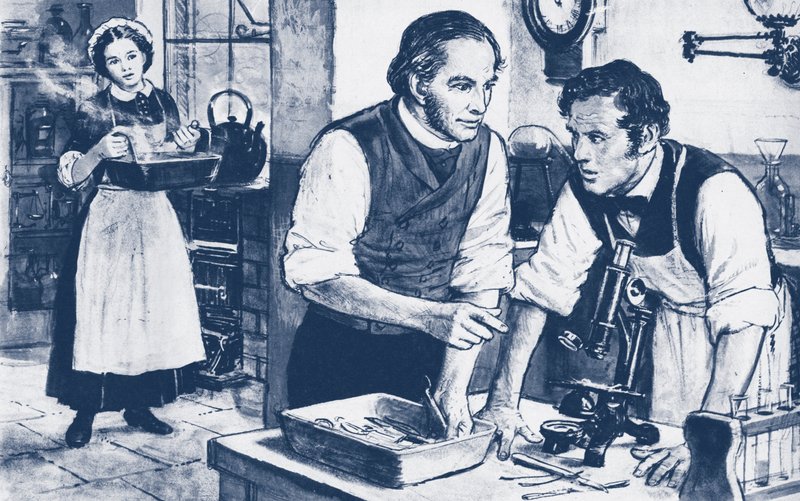 Joseph Lister ukazuje mikroby na nemytých chirurgických nástrojích od English School
