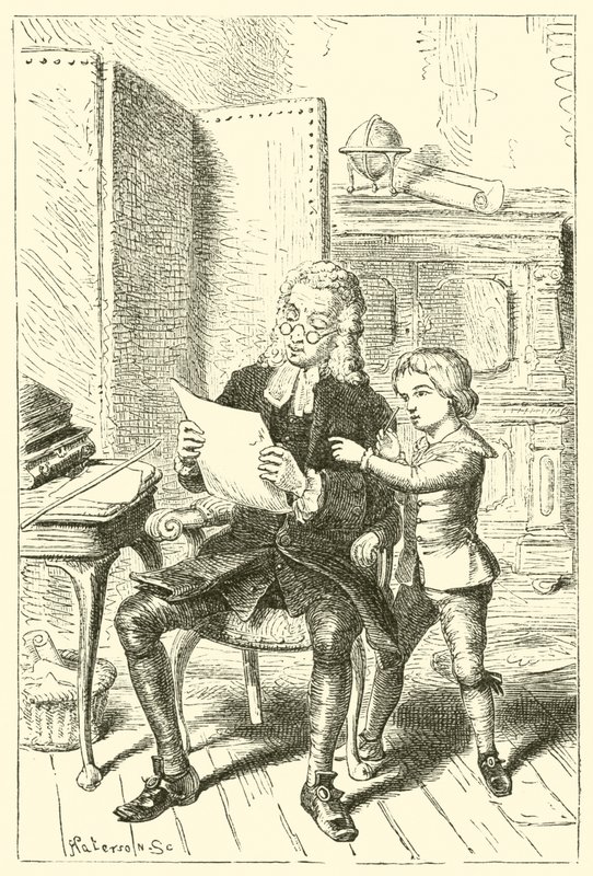 Joshua Reynolds, chlapec, ukazuje kresbu školy svého otce od English School