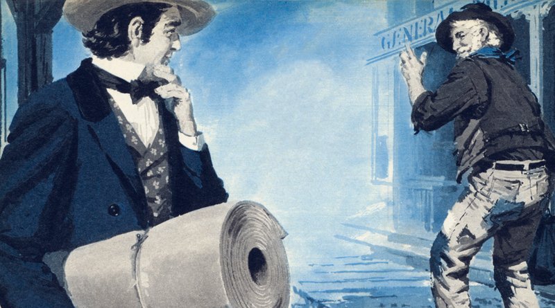Levi Strauss, nesoucí svou roli plátna, přijíždějící do San Francisca od English School