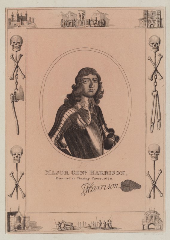Generálmajor Harrison, popraven v Charing Cross, 1660 od English School