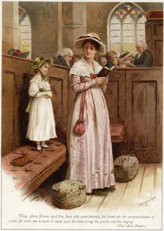 Mary Anne Evansová (tj. George Eliot), pětiletá, cítí s větší intenzitou její propuknutí do ? od English School