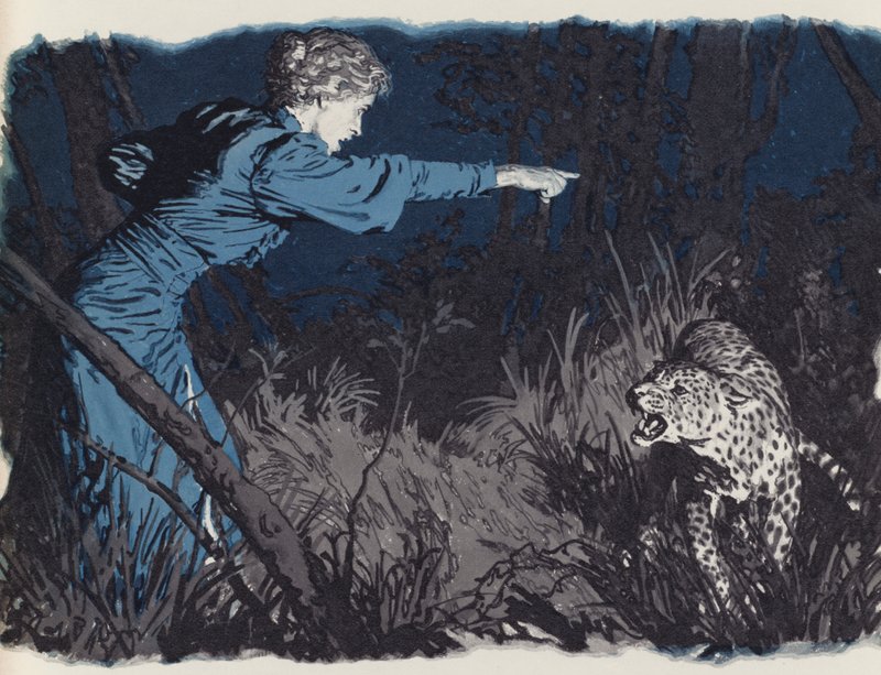 Mary Kingsleyová vzdorující leopardovi na svobodě od English School