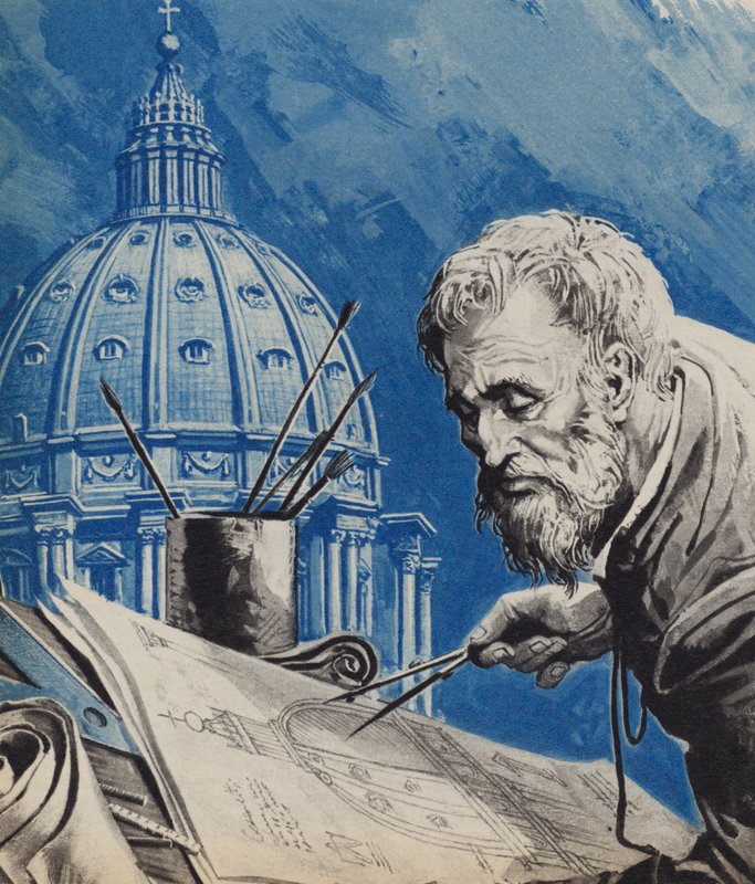 Michelangelo se svým návrhem kupole svatého Petra v Římě od English School