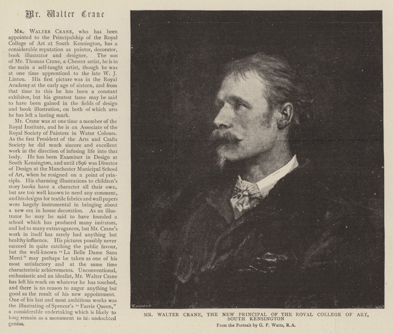 Pan Walter Crane, nový ředitel Royal College of Art, South Kensington od English School