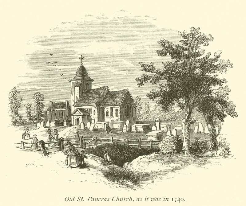 Old St Pancras Church, jak to bylo v roce 1740 od English School