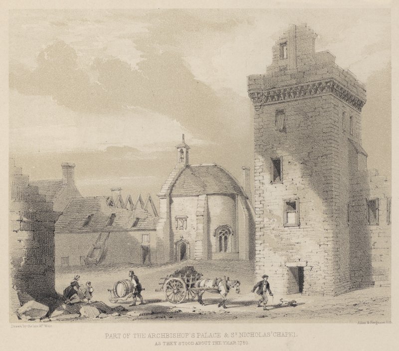 Část Arcibiskupského paláce a kaple sv. Mikuláše, jak stály kolem roku 1780 od English School