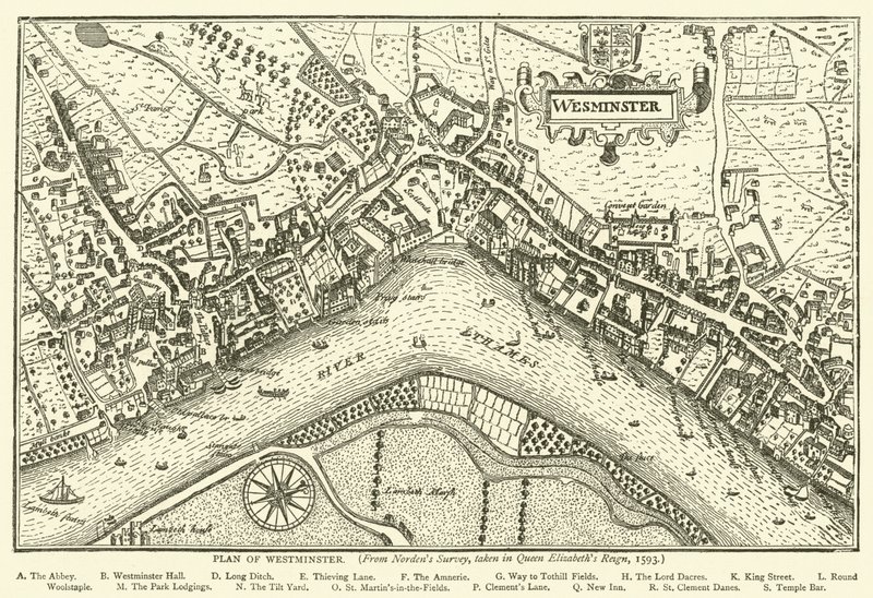 Plán Westminster, z Nordensova průzkumu, pořízený v Queen Elizabeths Reign, 1593 od English School