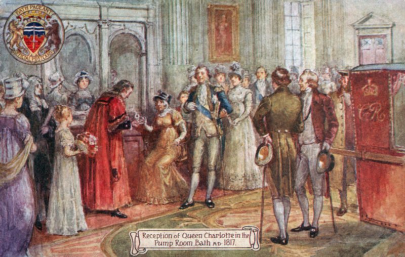 Přijetí královny Charlotte v Pump Room, Bath, 1817 našeho letopočtu od English School