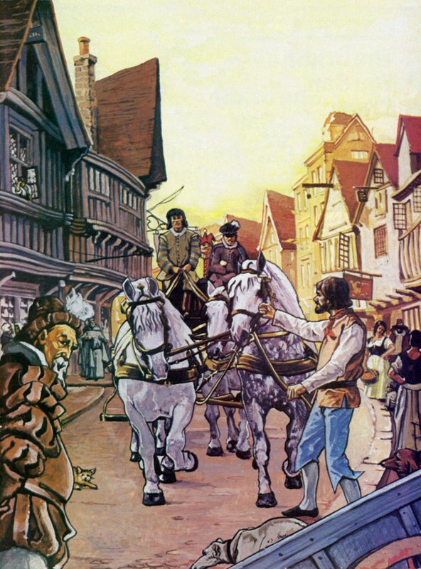 Shakespeare, stojící před hernou a držení koní herců, když dorazili od English School