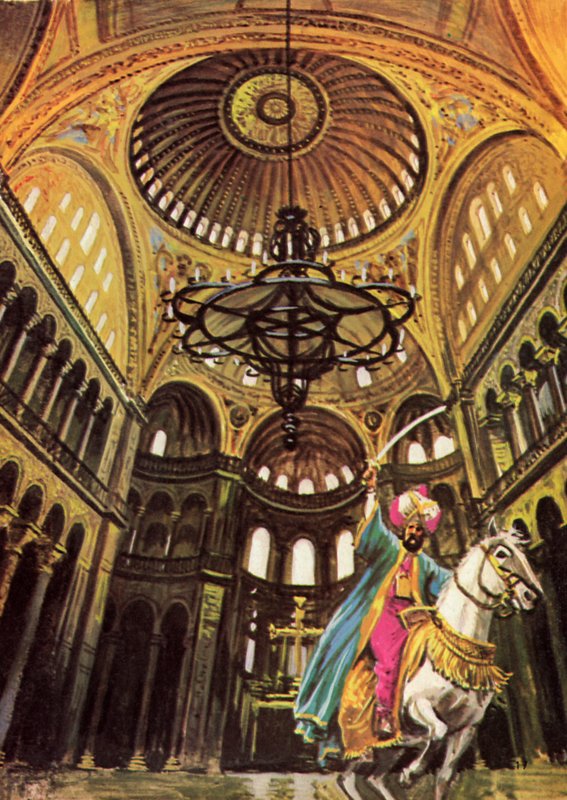 Sultán Mehmed jedoucí na koni do velkého kostela Hagia Sophia od English School