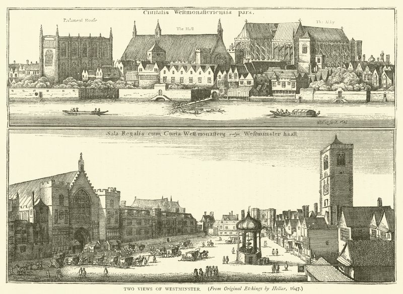 Dva pohledy na Westminster, z původních leptů od Hollara, 1647 od English School