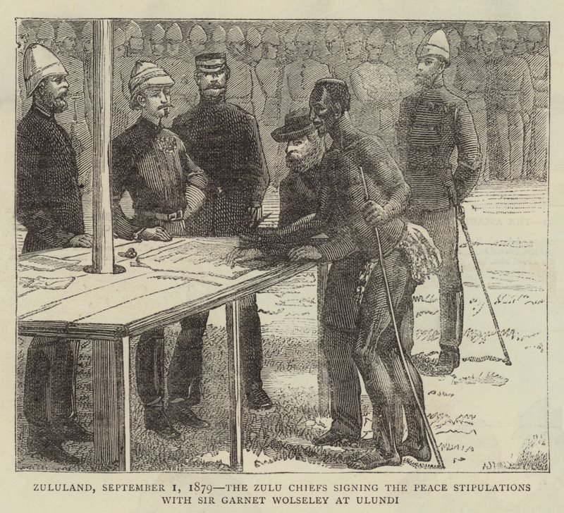Zululand, 1. září 1879, zuluští náčelníci podepisují mírová ustanovení se sirem Garnetem Wolseleym v Ulundi od English School
