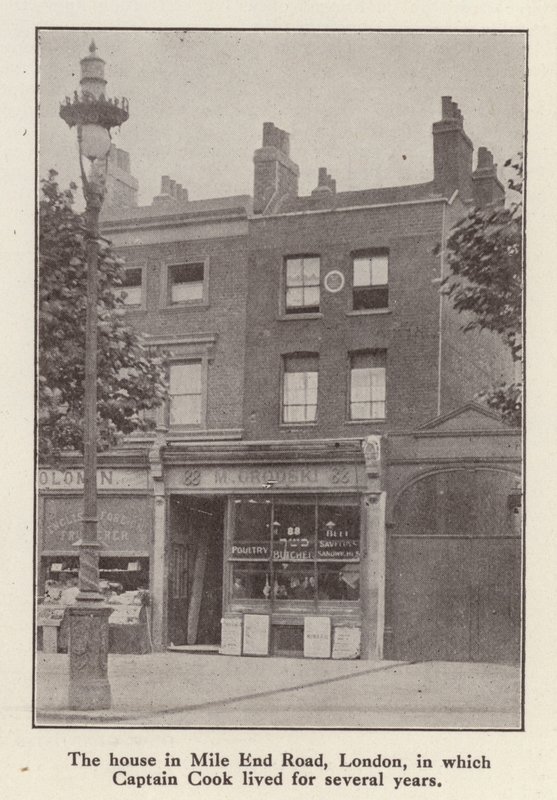 88 Mile End Road, Londýn, dům, kde od roku 1764 až do své smrti žil anglický průzkumník kapitán James Cook (čb foto) od English Photographer