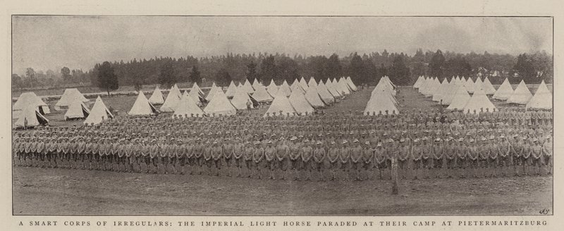 Chytrý sbor nepravidelných, imperiální lehký kůň defiloval v jejich táboře v Pietermaritzburgu od English Photographer