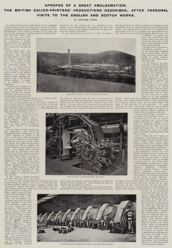 Britská společnost Calico-Printers Productions popsala po osobních návštěvách anglických a skotských závodů apropos velké amalgamace od English Photographer