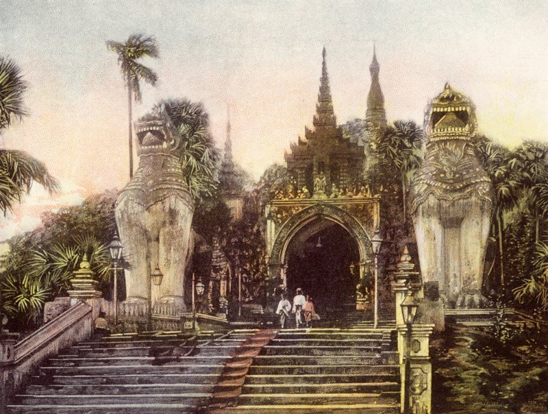 Barma / Myanmar: Starý vchod do pagody Shwe Dagon (barevné foto) od English Photographer