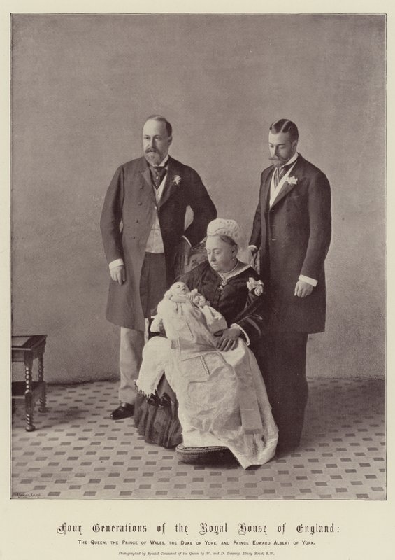 Čtyři generace královského rodu Anglie, královna, princ z Walesu, vévoda z Yorku a princ Edward Albert z Yorku od English Photographer