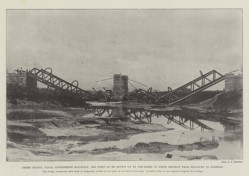 Frere Bridge, Natal Government Railways, první, který Búrové vyhodili do vzduchu při jejich ústupu z Estcourtu do Colensa od English Photographer