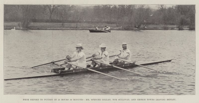 Z Oxfordu do Putney za 13 hodin 59 minut, pan Spencer Gollan, Tom Sullivan a George Towns opouštějí Henley od English Photographer