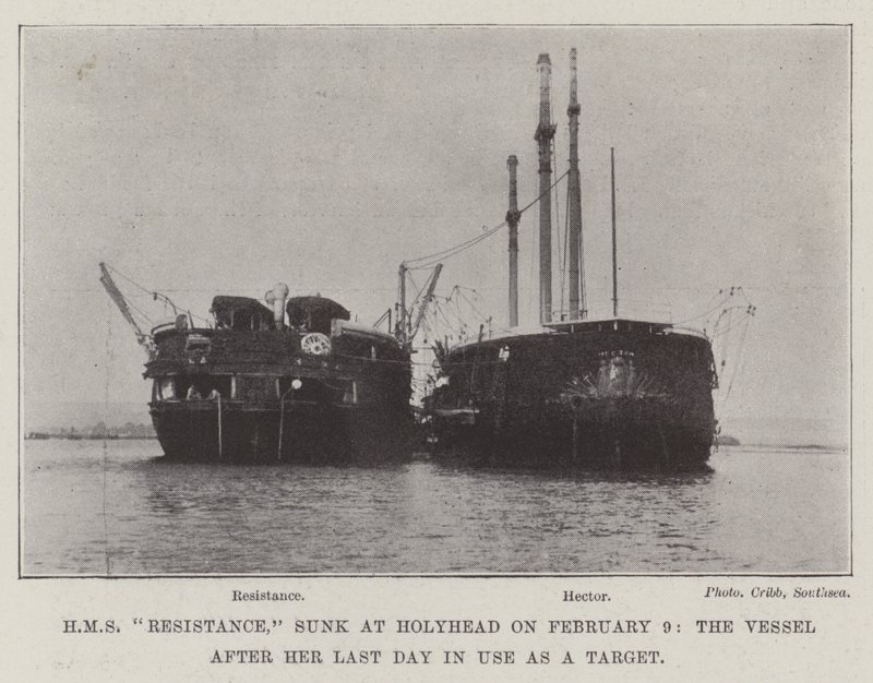 HMS Resistance, potopená u Holyhead 9. února, plavidlo po jejím posledním dni používaném jako cíl od English Photographer