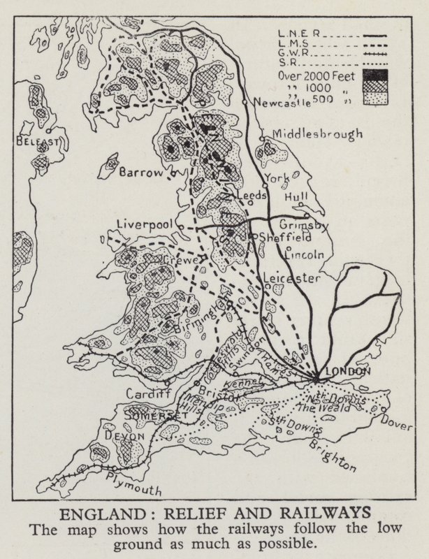 Mapa znázorňující, jak železnice v Anglii co nejvíce sledují nízkou zem (černobílá fotografie) od English Photographer