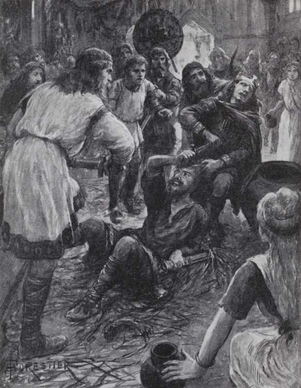 Vražda krále Edmunda I. při účasti na mši svatého Augustina v Pucklechurch, Gloucestershire, 946 (litho) od English Photographer
