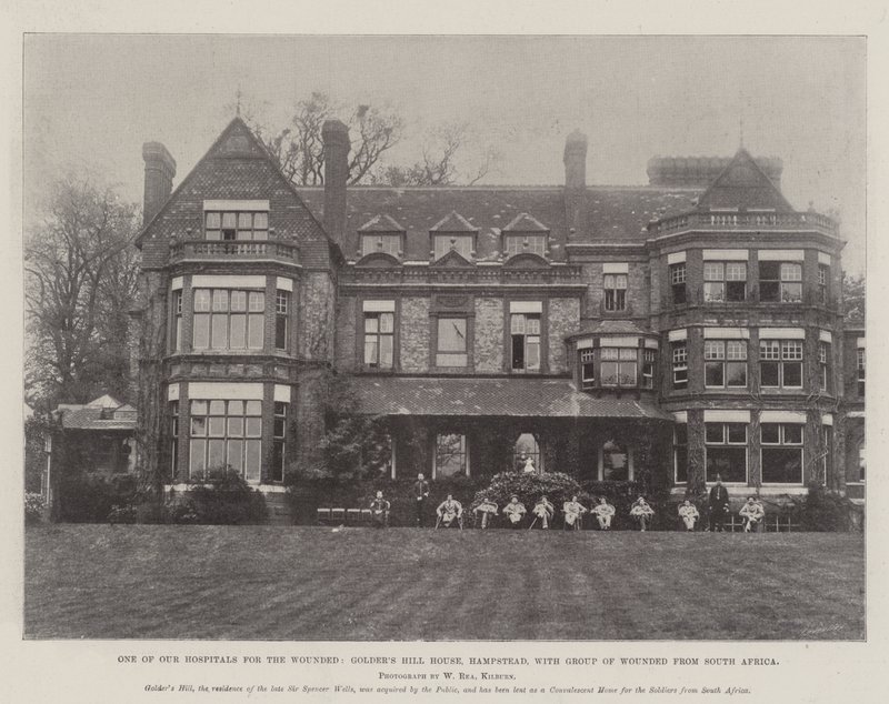 Jedna z našich nemocnic pro zraněné, Golders Hill House, Hampstead, se skupinou raněných z Jižní Afriky od English Photographer