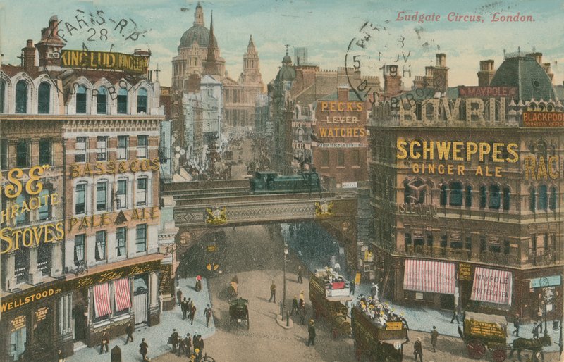Pohlednice Ludgate Circus, Londýn, odeslána v roce 1913 (ručně kolorovaná fotografie) od English Photographer