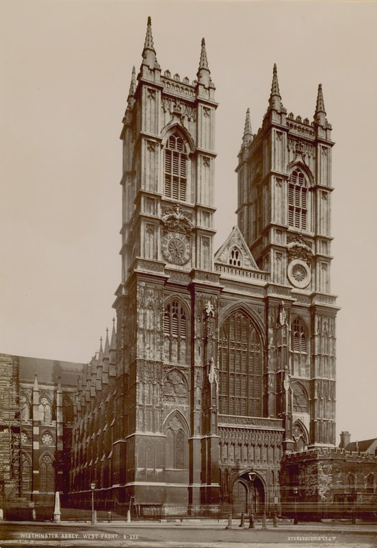 Pohlednice s obrázkem západního průčelí Westminsterského opatství od English Photographer