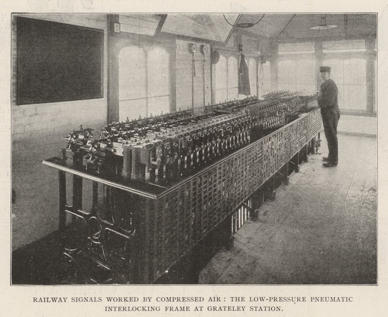 Železniční návěsti používané Compressed Air, nízkotlaký pneumatický blokovací rám na stanici Grateley od English Photographer