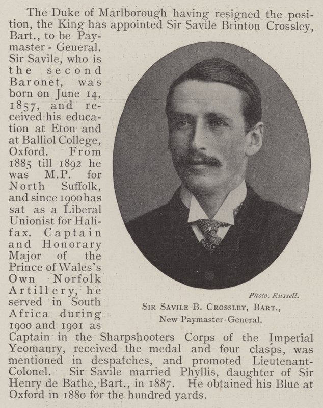 Sir Savile B Crossley, Baronet, New Paymaster-General od English Photographer