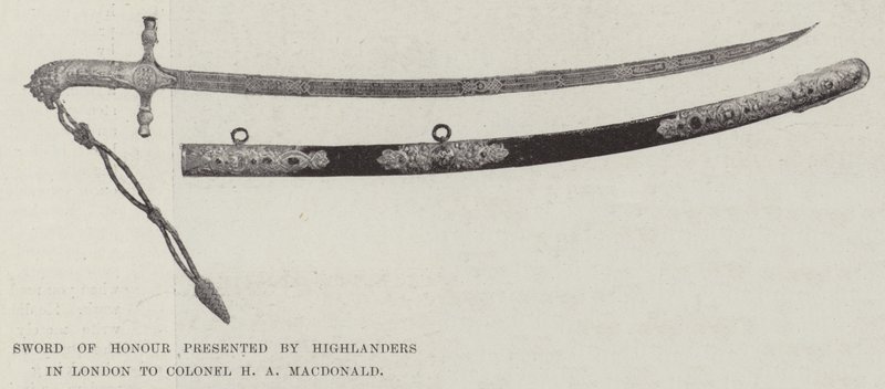 Meč cti, který předali Highlanders v Londýně plukovníku H A MacDonaldovi od English Photographer
