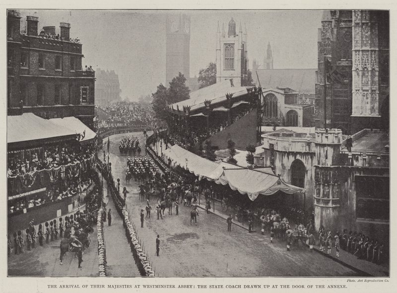 Příjezd Jejich Veličenstva do Westminsterského opatství, státní autobus sepsaný u dveří Přílohy od English Photographer
