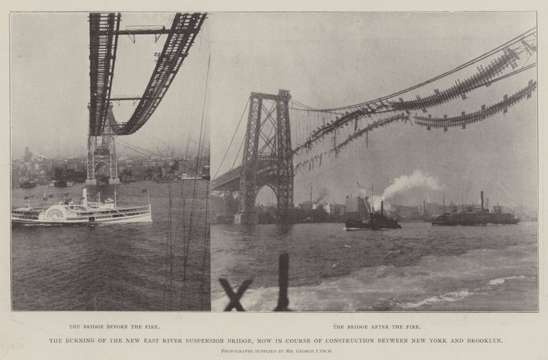 Spálení visutého mostu New East River, nyní ve výstavbě mezi New Yorkem a Brooklynem od English Photographer