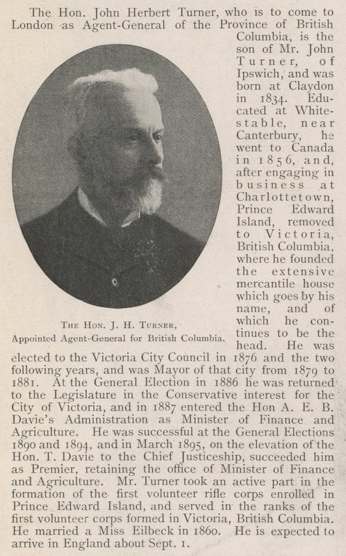 Ctihodný JH Turner, jmenován generálním agentem pro Britskou Kolumbii od English Photographer
