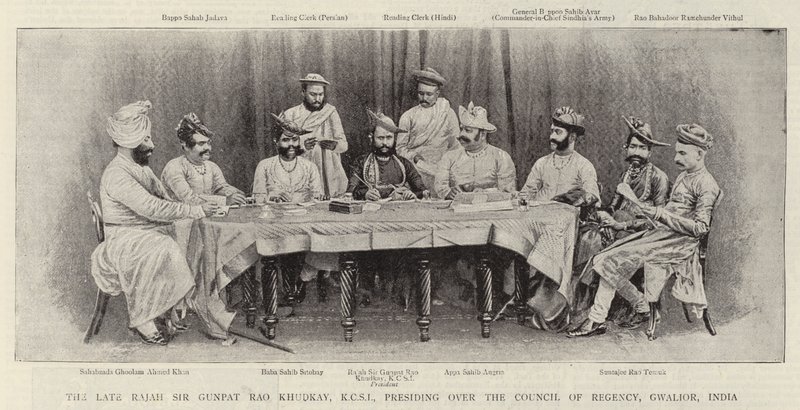 Zesnulý Rajah Sir Gunpat Rao Khudkay, KCSI, předsedající Council of Regency, Gwalior, Indie od English Photographer