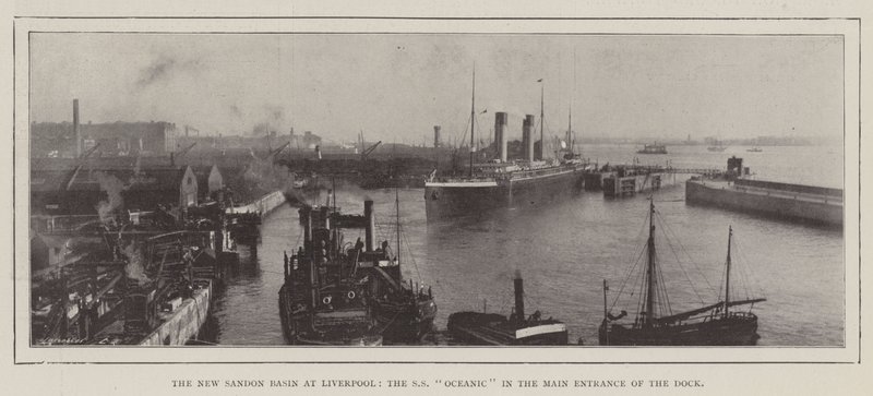 New Sandon Basin v Liverpoolu, SS Oceanic u hlavního vchodu do doku od English Photographer