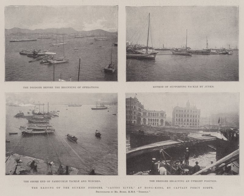 The Raising of the Sunken Dredger, Canton River, v Hong-Kong, kapitán Percy Scott od English Photographer